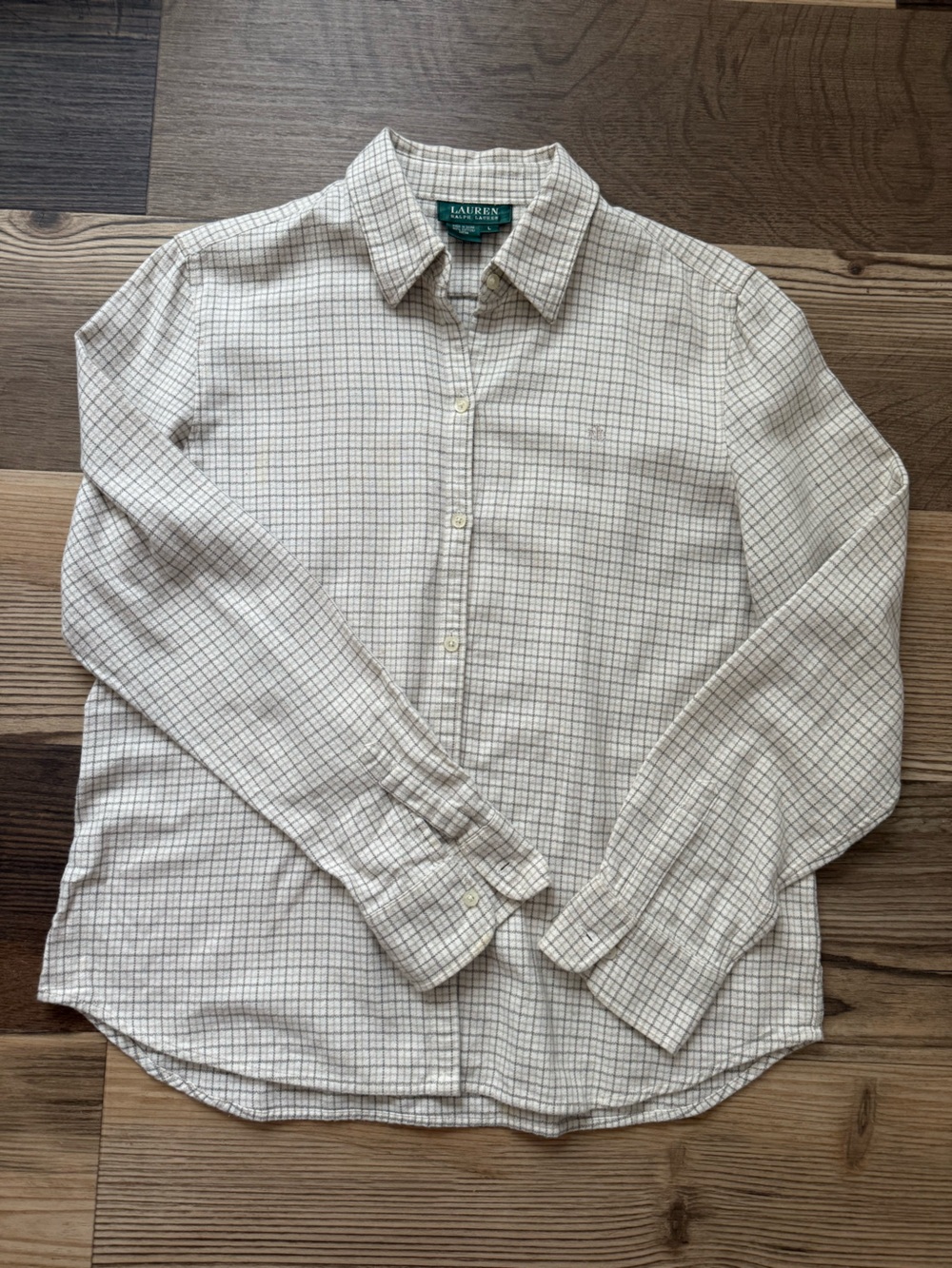 Lauren Ralph Lauren L  Cream Plaid Button-Down Shirt Cotton Preppy Old Money